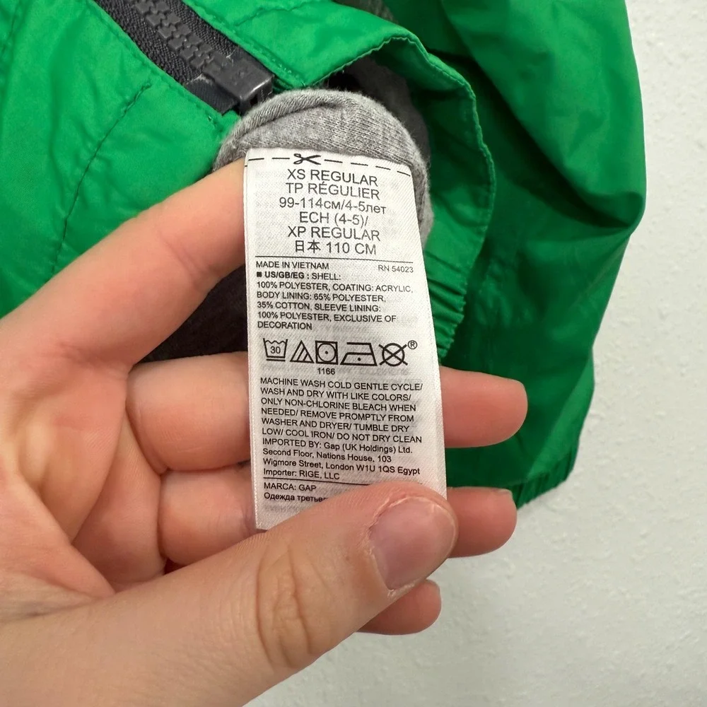 Gap Kids‎ Green Hooded Windbreaker Jacket Zip Up Jersey Lined XS 4-5 Regular